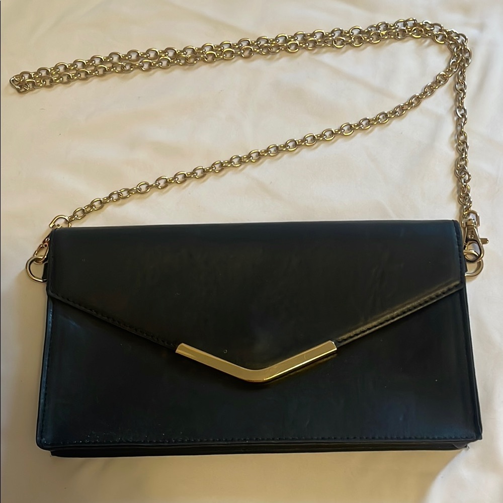 Sleek Black Evening Purse Clutch Gold Chain Strap Clasp Closure Like New